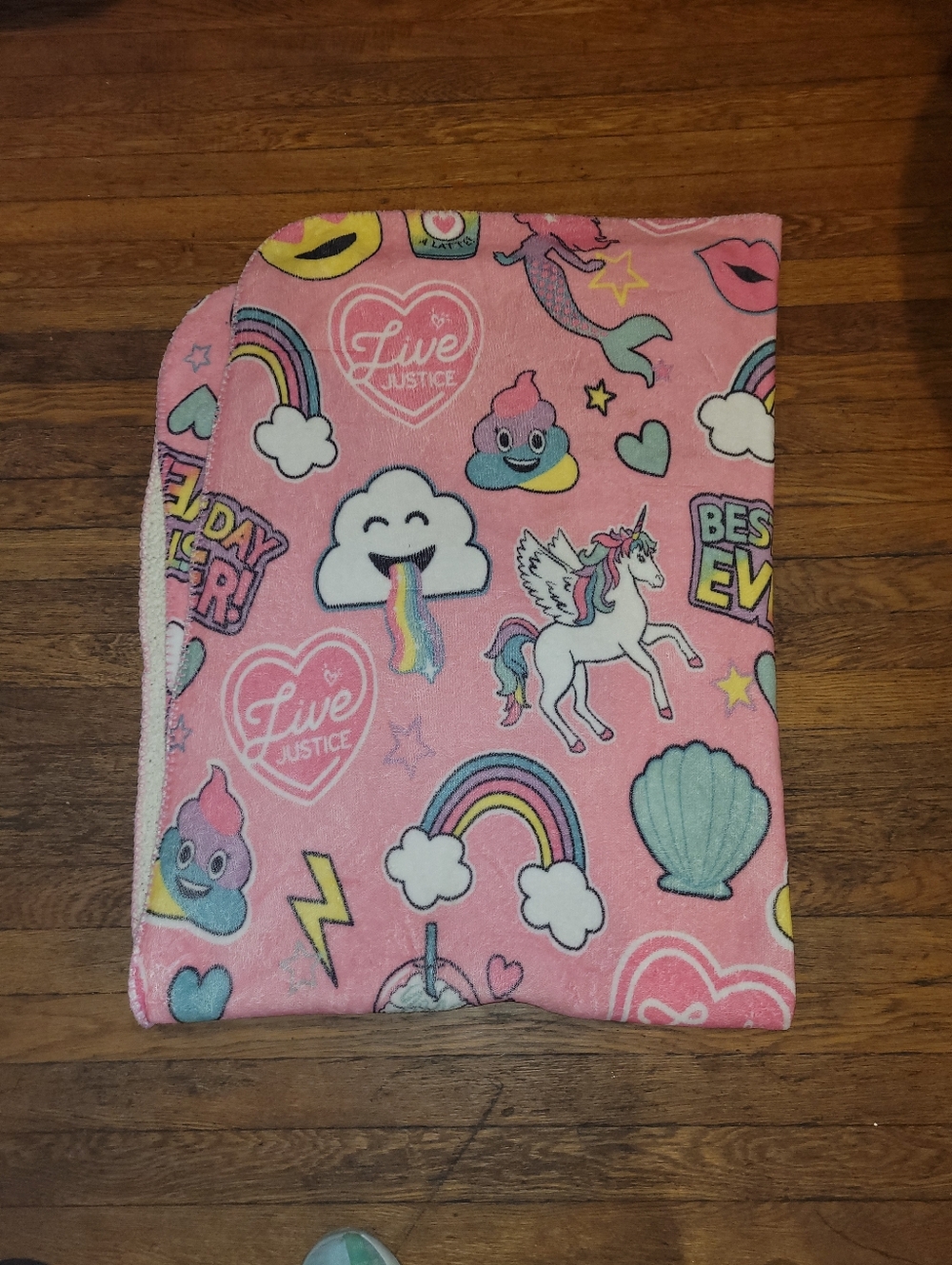 Vintage Live Justice Pink Poop Emoji Unicorn Rainbow Plush Throw Sherpa Backing